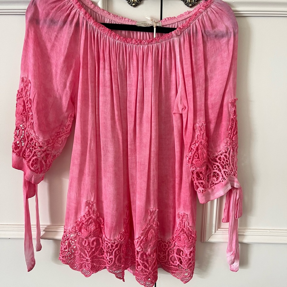 Pink Lace Trim Off-Shoulder Top - Picture 3 of 6